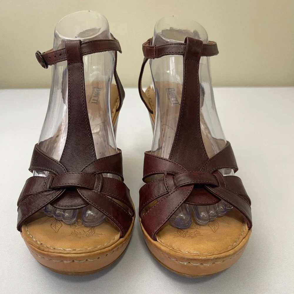 Born‎ Womens Leather T Strap Wedge Sandals Brown Size 10/42 Robin Cliff Side